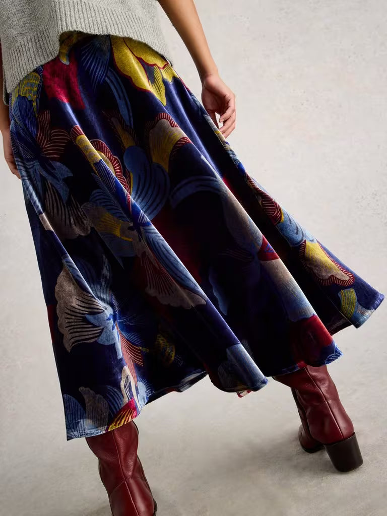 White Stuff - Hope Bias Cut Velvet Skirt - Navy multi