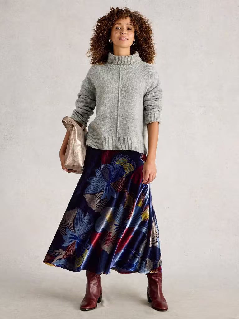 White Stuff - Hope Bias Cut Velvet Skirt - Navy multi