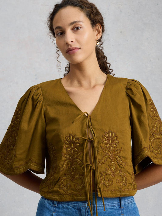 White Stuff - Erin tie front top - Khaki green