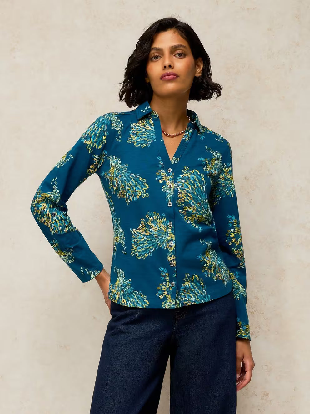 White Stuff - Annie jersey foil shirt - Teal print