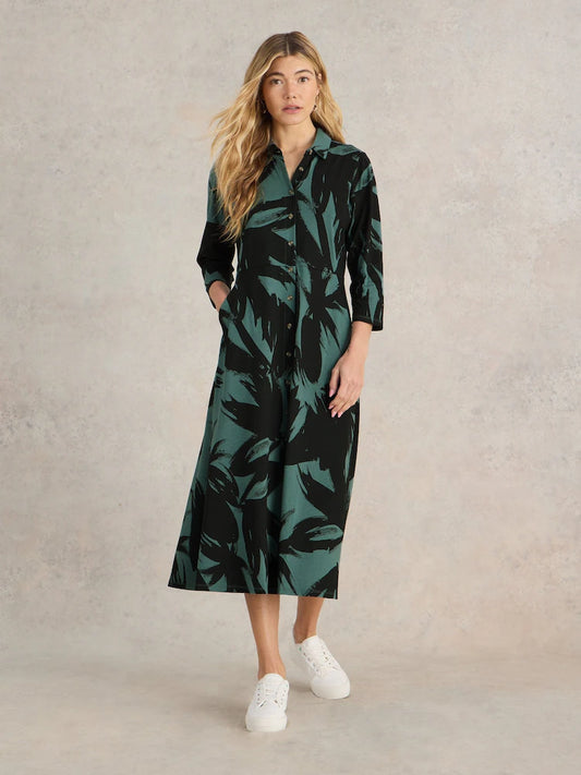 White Stuff - Rua Jersey Shirt Dress Green Print