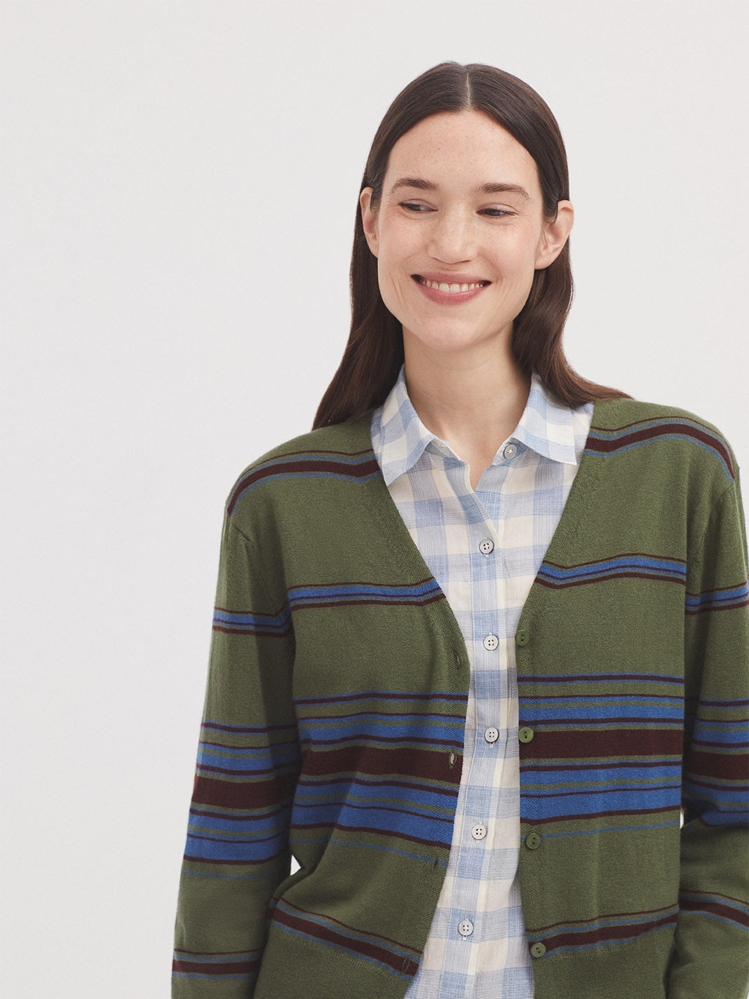 Nice Things - Tin gauge tricolor stripe cardigan - Dark Khaki