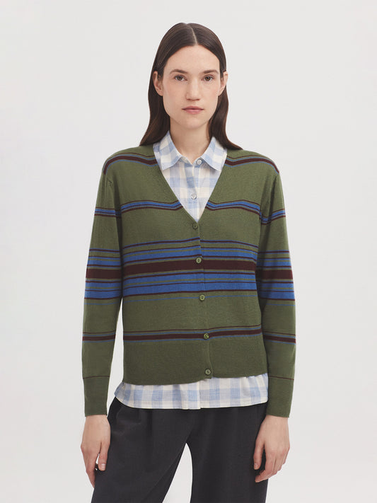 Nice Things - Tin gauge tricolor stripe cardigan - Dark Khaki