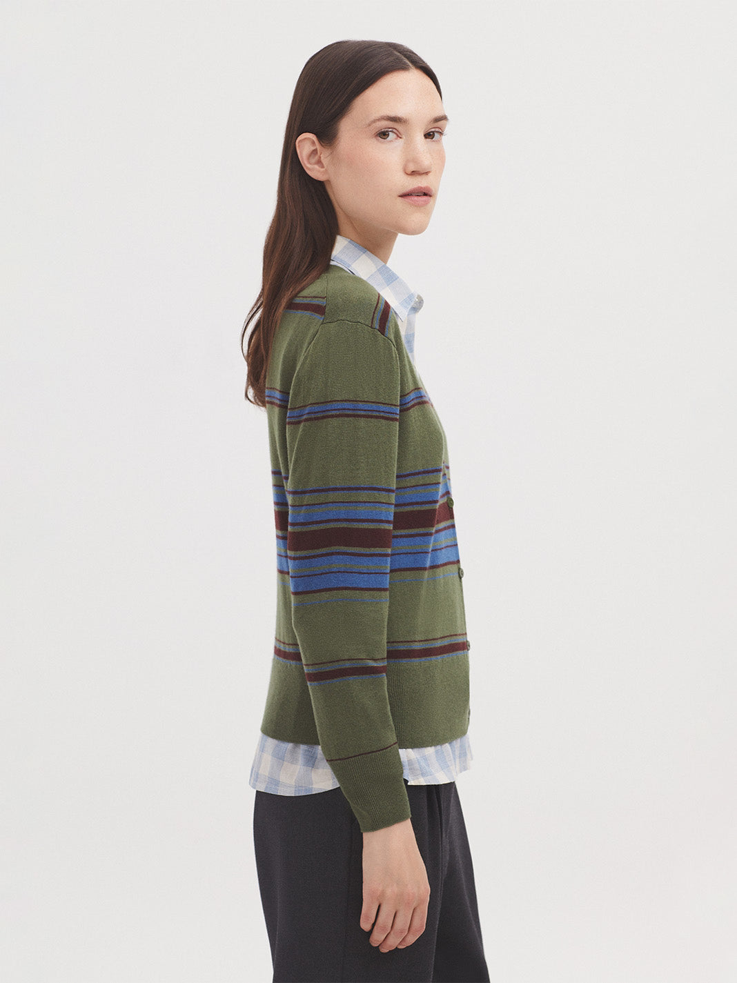 Nice Things - Tin gauge tricolor stripe cardigan - Dark Khaki