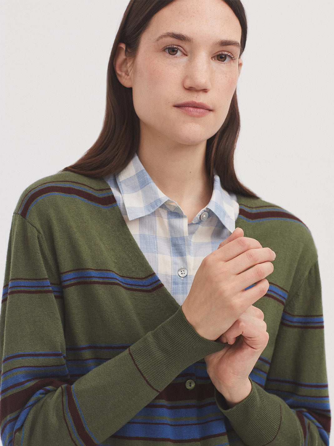 Nice Things - Tin gauge tricolor stripe cardigan - Dark Khaki
