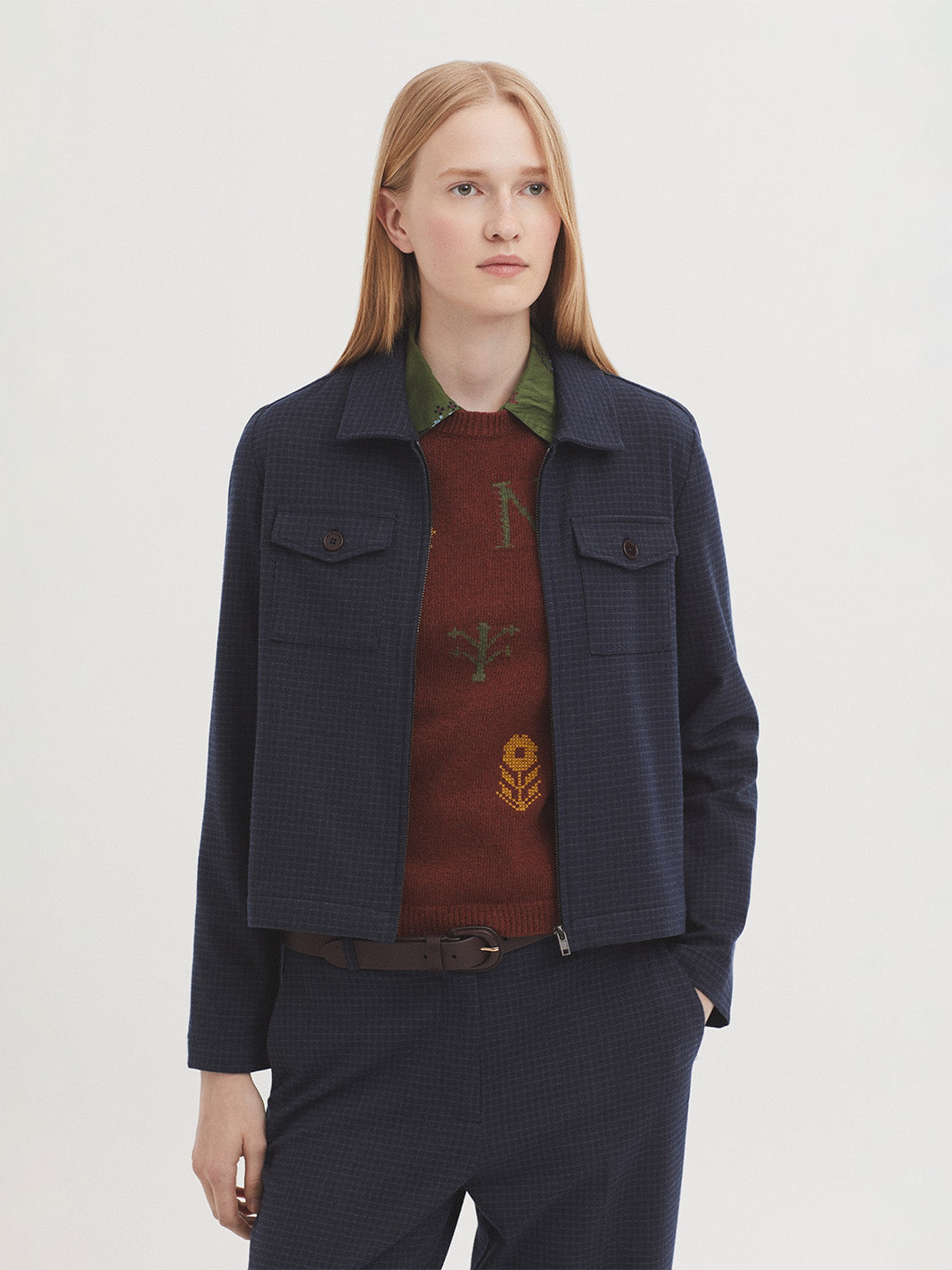 Nice Things - Window check zipper jacket - navy