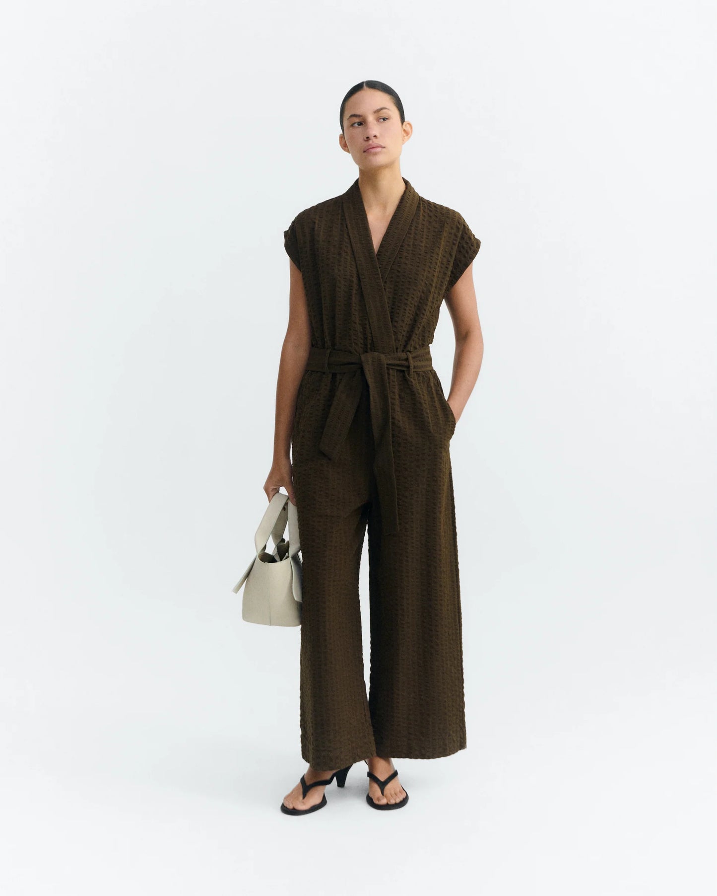 Thinking Mu - Wood Seersucker Malawi Jumpsuit - Brown