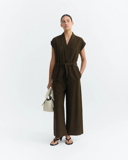 Thinking Mu - Wood Seersucker Malawi Jumpsuit - Brown