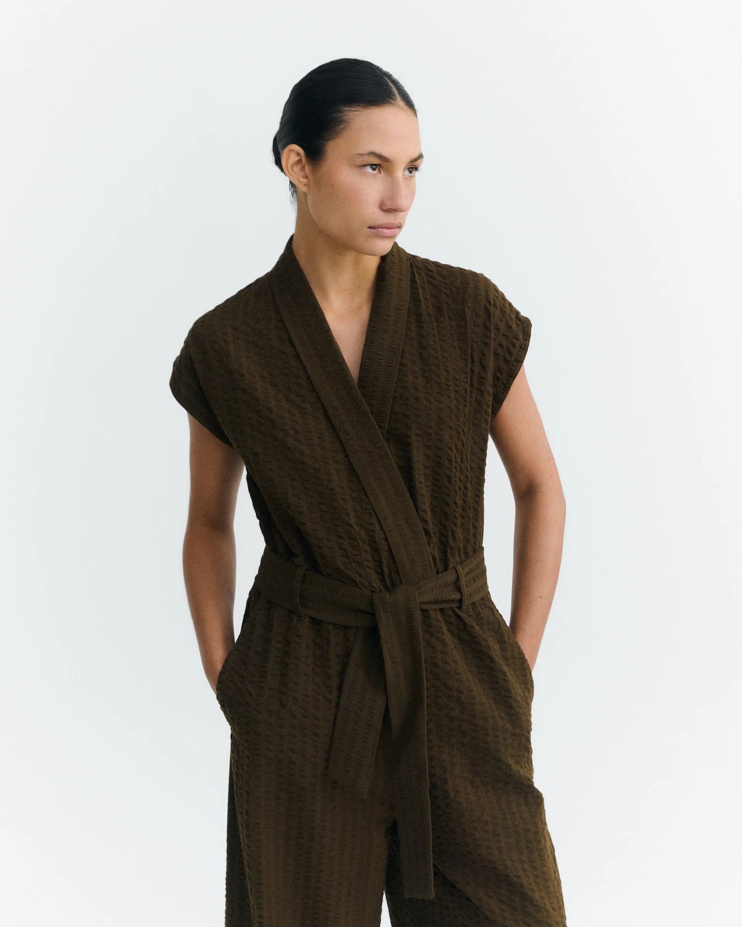Thinking Mu - Wood Seersucker Malawi Jumpsuit - Brown