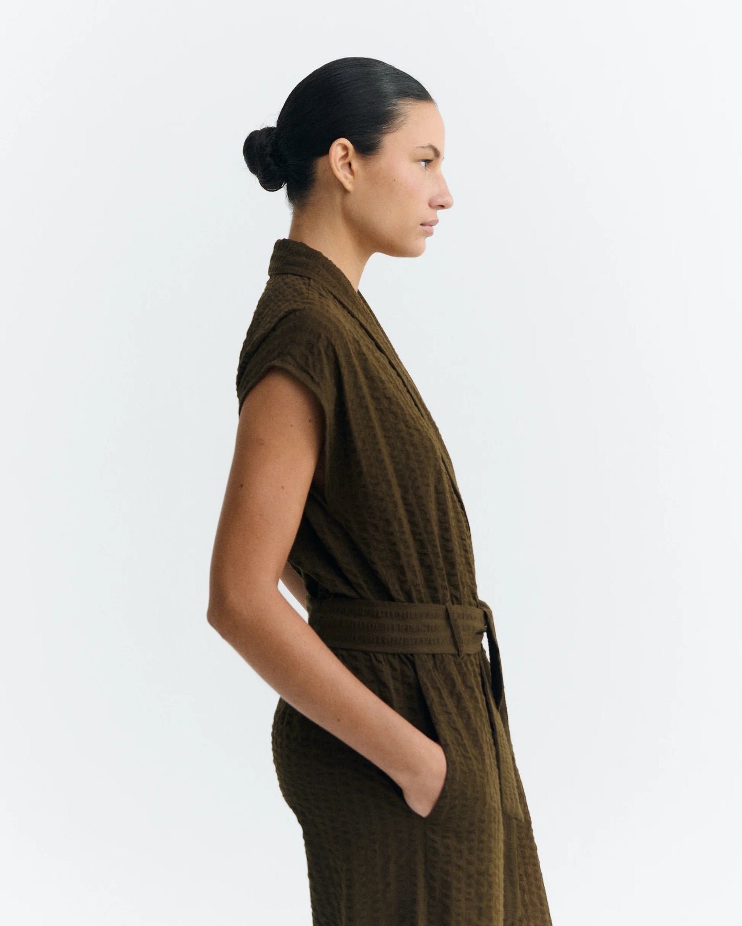 Thinking Mu - Wood Seersucker Malawi Jumpsuit - Brown