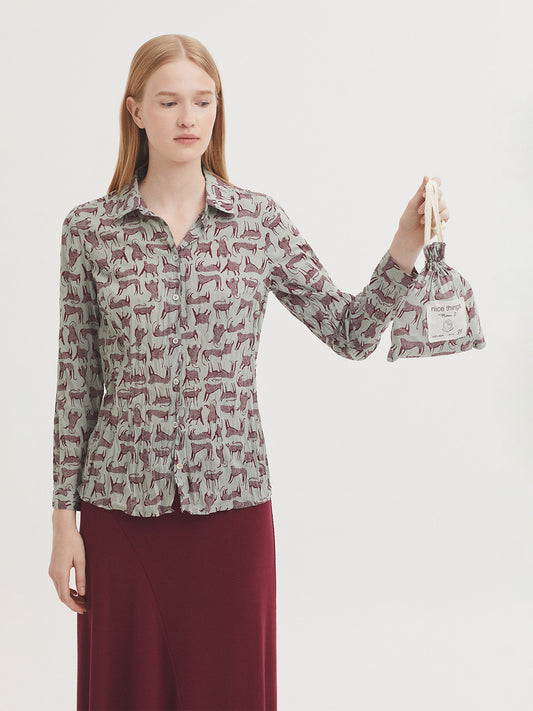 Nice Things - Feline print basic shirt - Granit Green